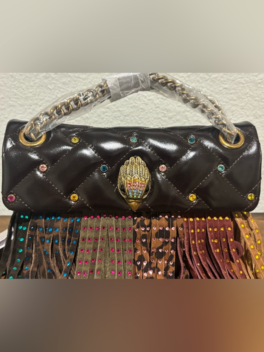 Kurt Geiger Mini Kensington Leather Fringe Crossbody Bag with Multicolor Studs - Picture 15 of 15